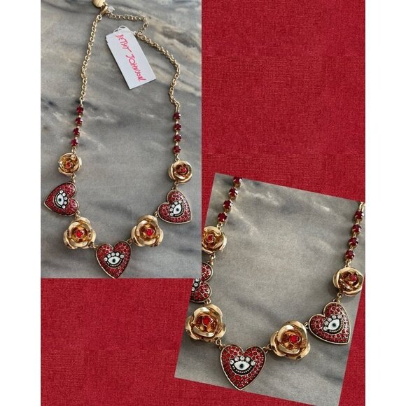 Betsey Johnson Gold-Tone Crystal Roses & Red Evil Eyes Heart Charm Necklace - Picture 1 of 5